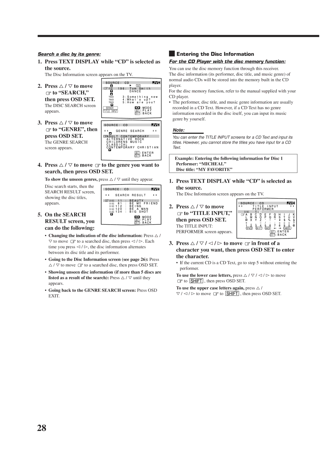 JVC RX-668VBK manual Press %/ Þto move To Search Then press OSD SET, Press %/ Þto move To GENRE, then Press OSD SET 