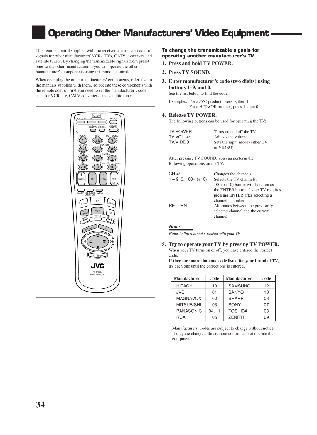 JVC RX-668VBK manual Operating Other Manufacturers’ Video Equipment, Release TV Power, Manufacturer Code 