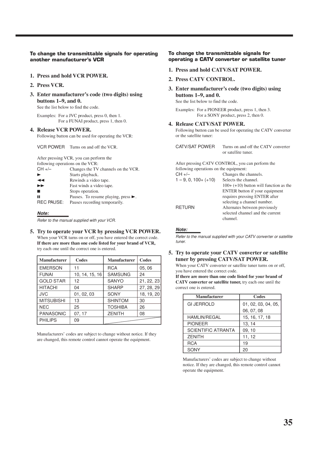 JVC RX-668VBK Release VCR Power, Try to operate your VCR by pressing VCR Power, Release CATV/SAT Power, Manufacturer Codes 