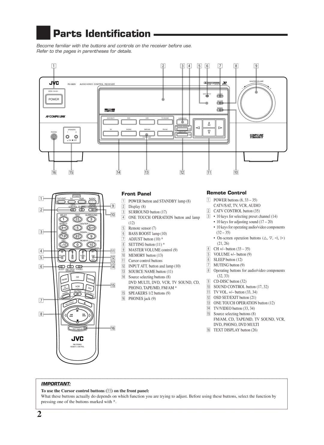 JVC RX-668VBK Parts Identification, Front Panel, Remote Control, To use the Cursor control buttons q on the front panel 