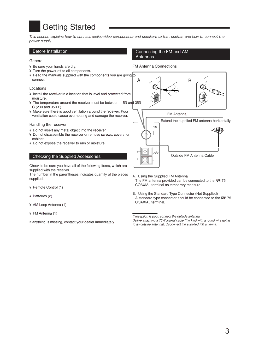 JVC RX-668VBK Getting Started, Before Installation, Connecting the FM and AM Antennas, Checking the Supplied Accessories 