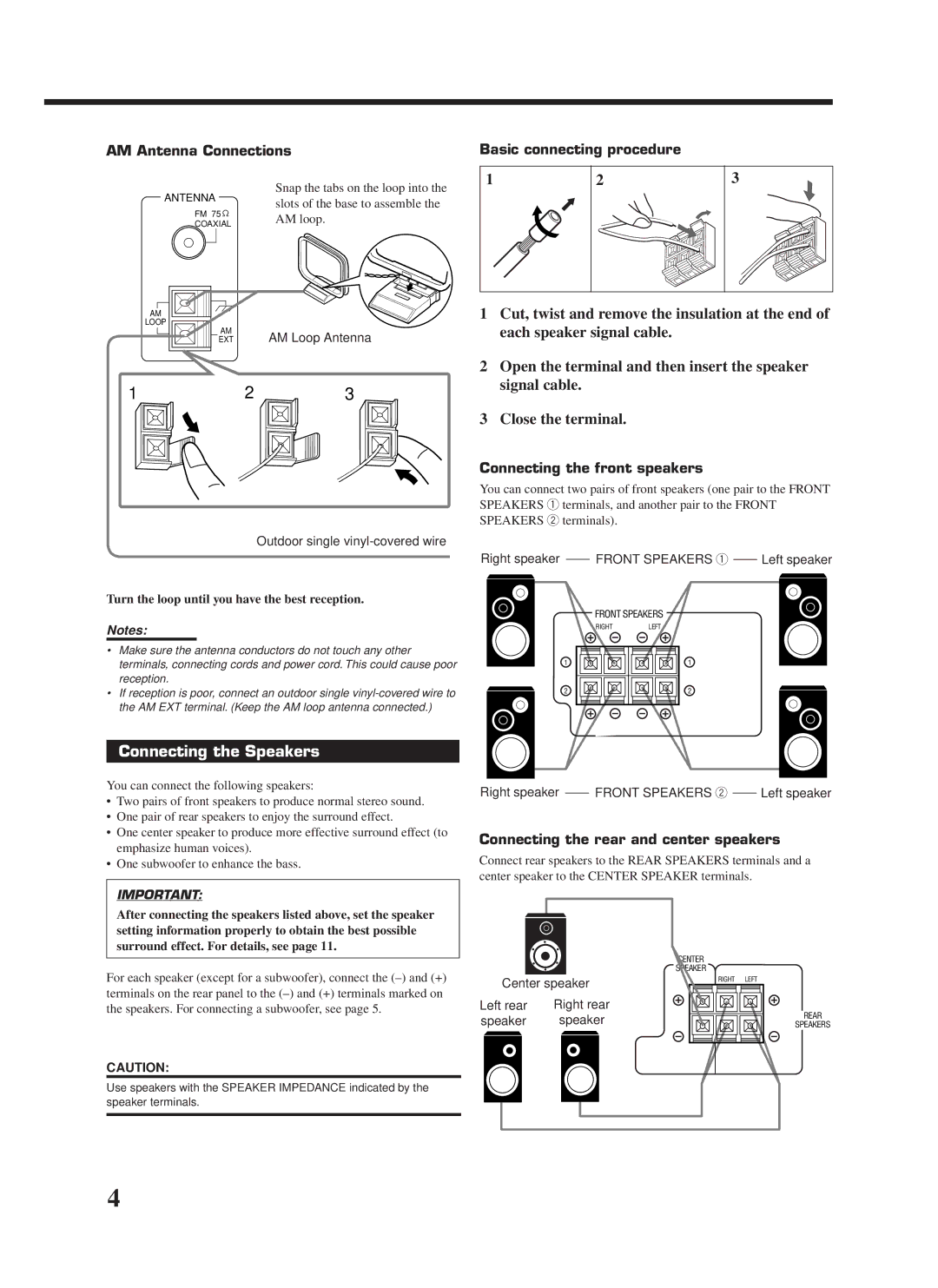 JVC RX-668VBK Connecting the Speakers, AM Antenna Connections, Basic connecting procedure, Connecting the front speakers 