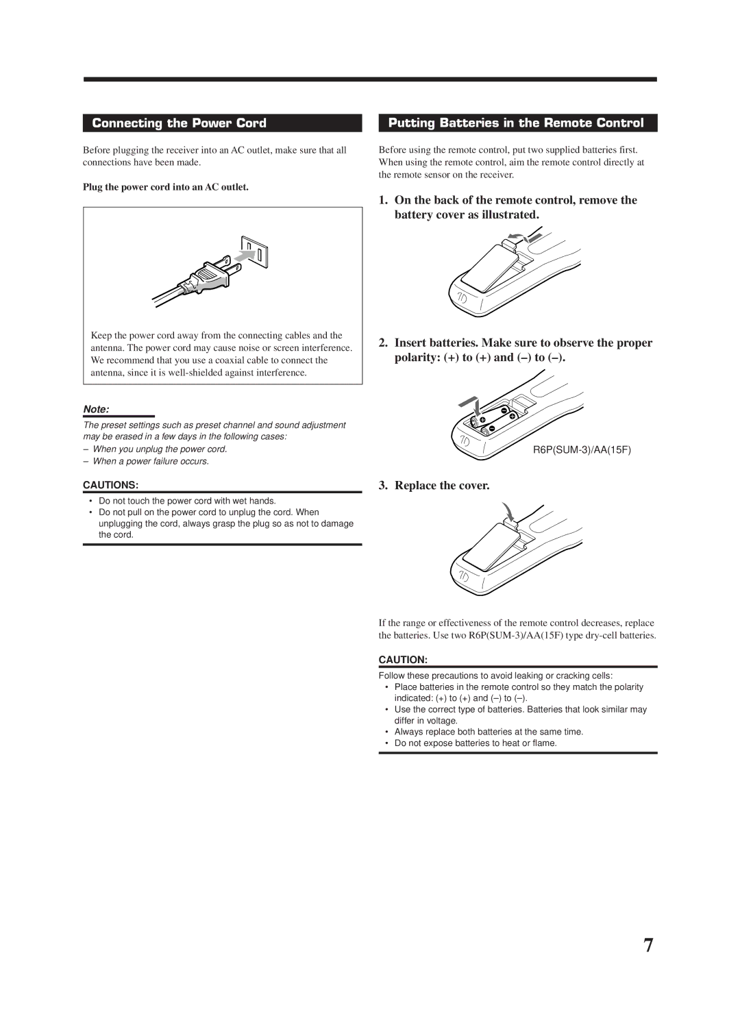 JVC RX-668VBK manual Connecting the Power Cord, Putting Batteries in the Remote Control, Replace the cover, R6PSUM-3/AA15F 