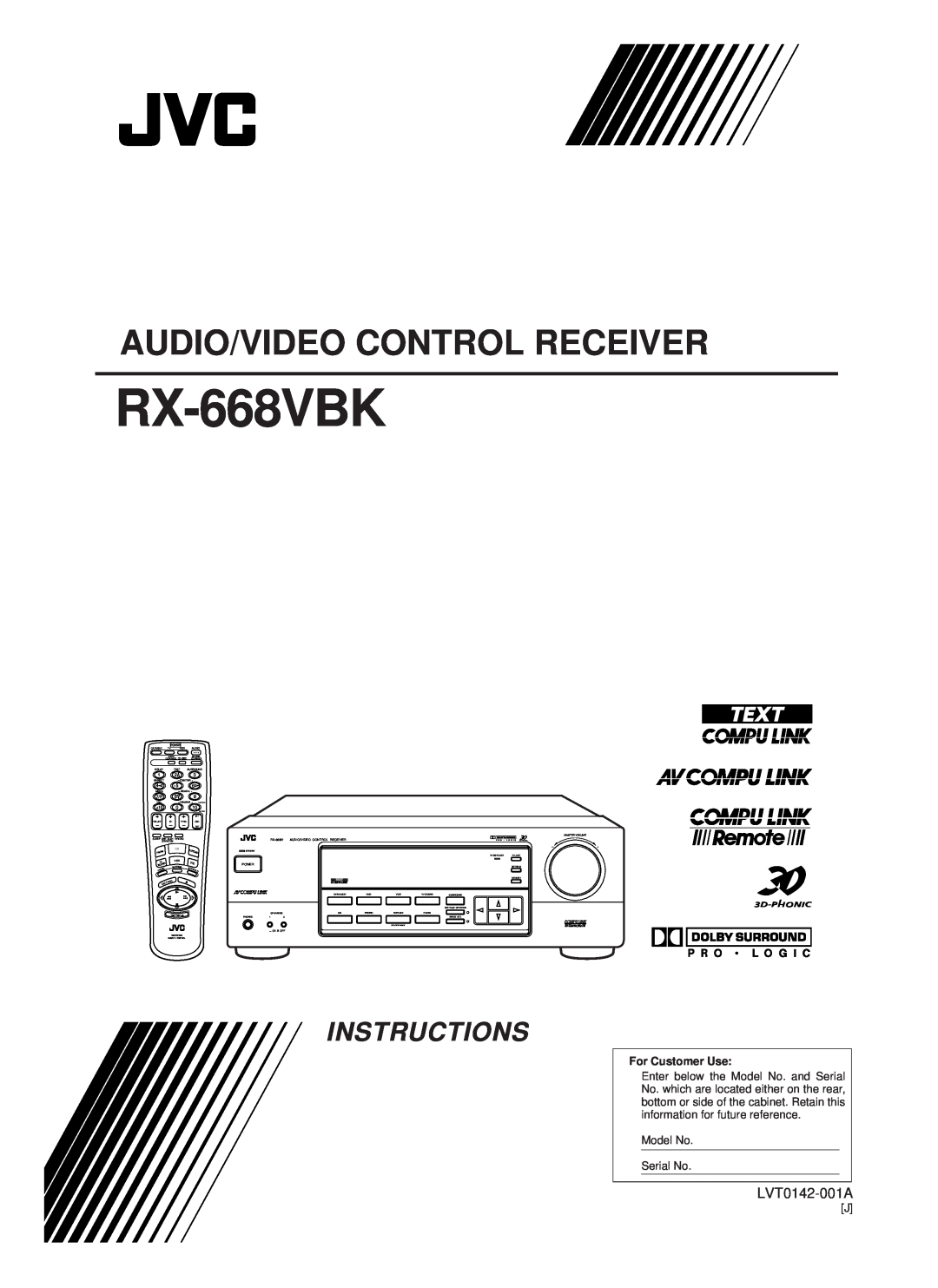 JVC RX-668VBK manual Audio/Video Control Receiver, Instructions, LVT0142-001A, For Customer Use 