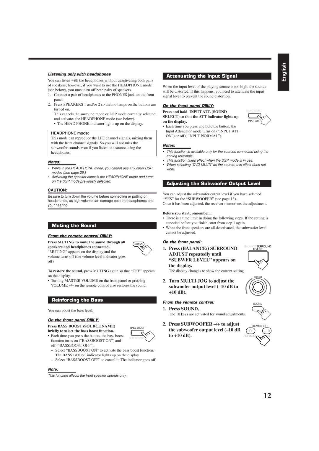 JVC RX-7000RBK Attenuating the Input Signal, Muting the Sound, Reinforcing the Bass, Adjusting the Subwoofer Output Level 