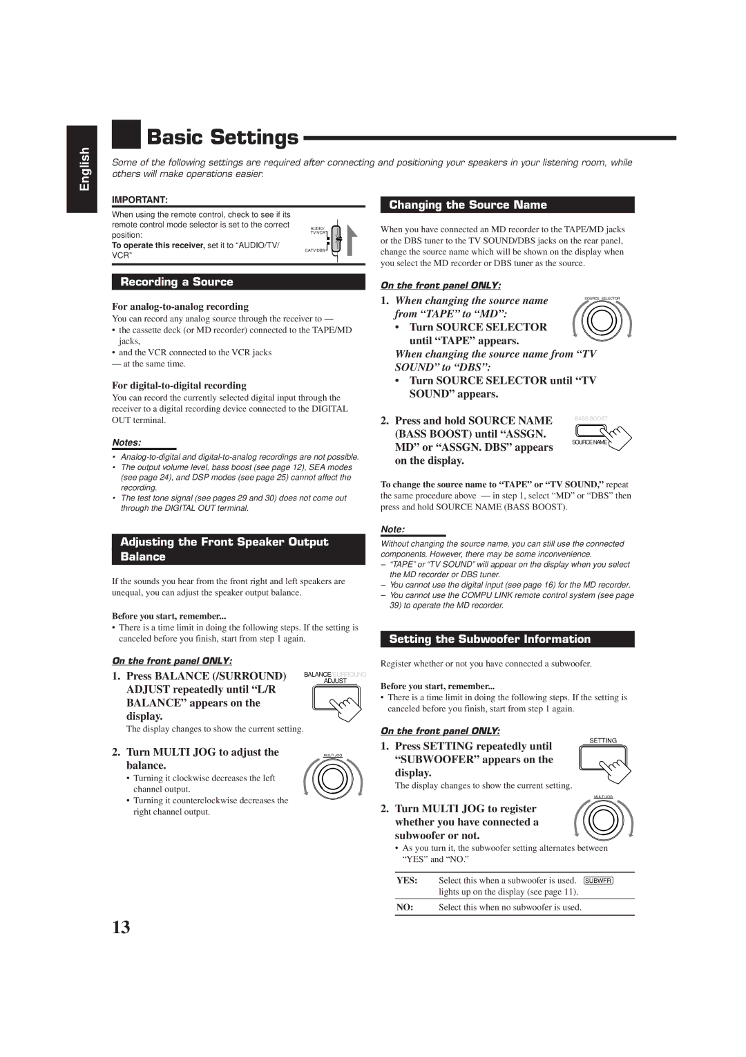 JVC RX-7000RBK Basic Settings, Recording a Source, Adjusting the Front Speaker Output Balance, Changing the Source Name 
