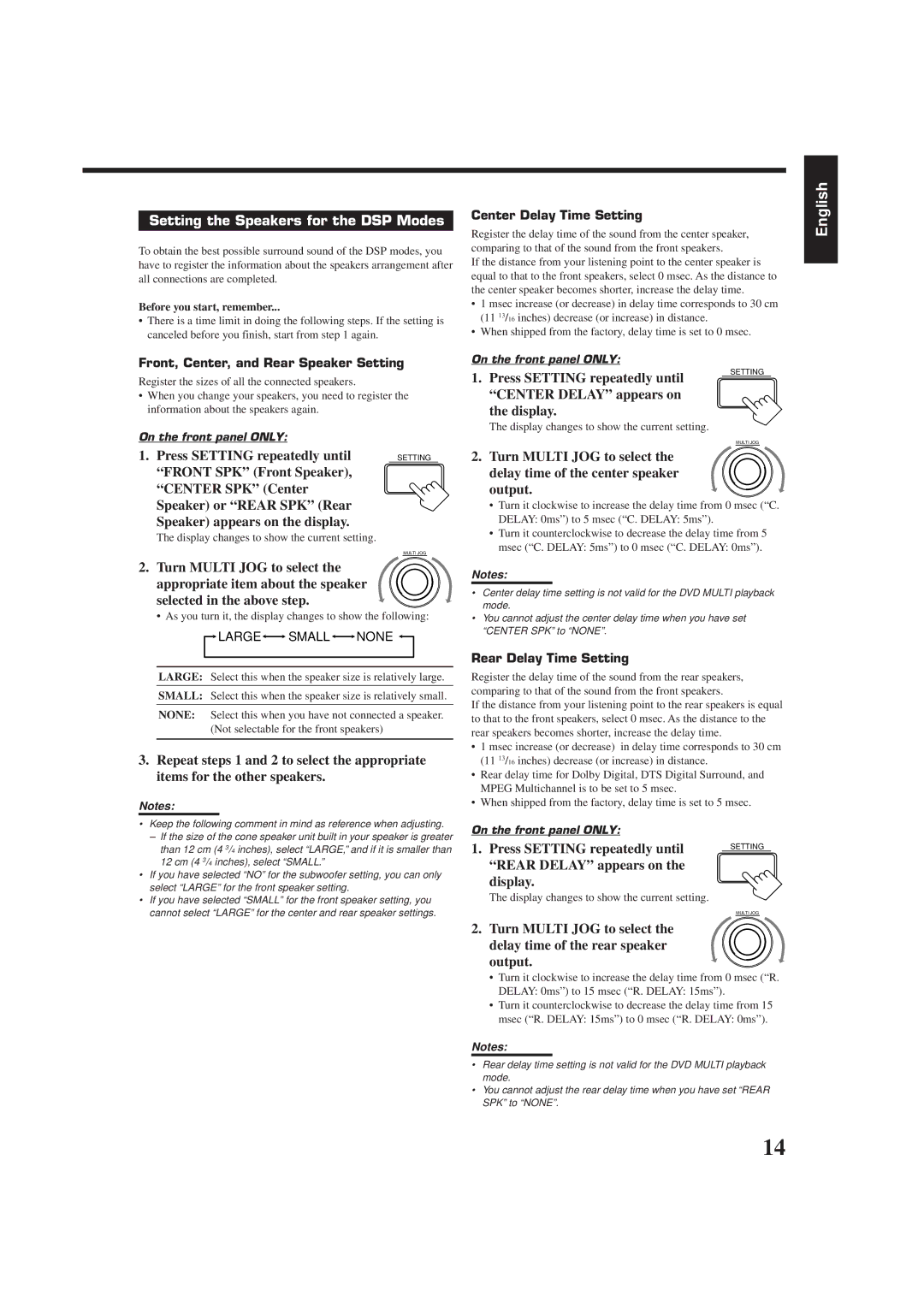 JVC RX-7000RBK manual Setting the Speakers for the DSP Modes, Press Setting repeatedly until, Rear Delay appears on Display 