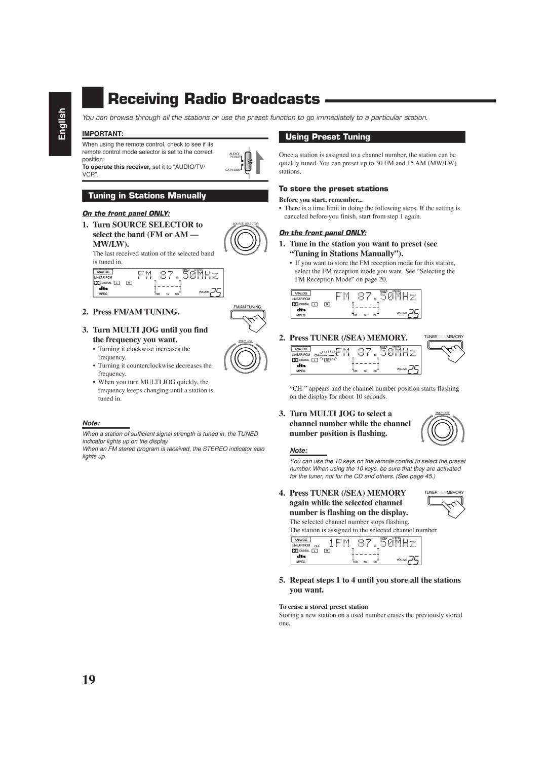 JVC RX-7000RBK manual Receiving Radio Broadcasts, Using Preset Tuning, Tuning in Stations Manually 