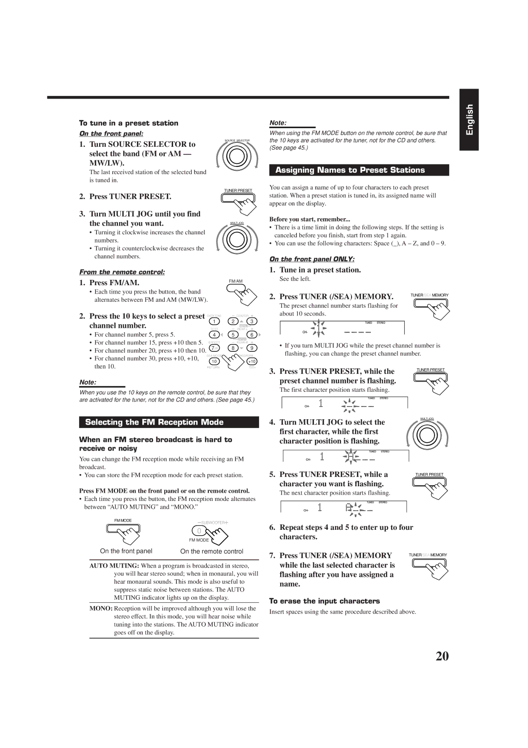 JVC RX-7000RBK manual Assigning Names to Preset Stations, Selecting the FM Reception Mode 