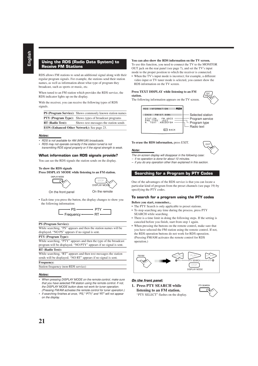 JVC RX-7000RBK manual Using the RDS Radio Data System to Receive FM Stations, Searching for a Program by PTY Codes 