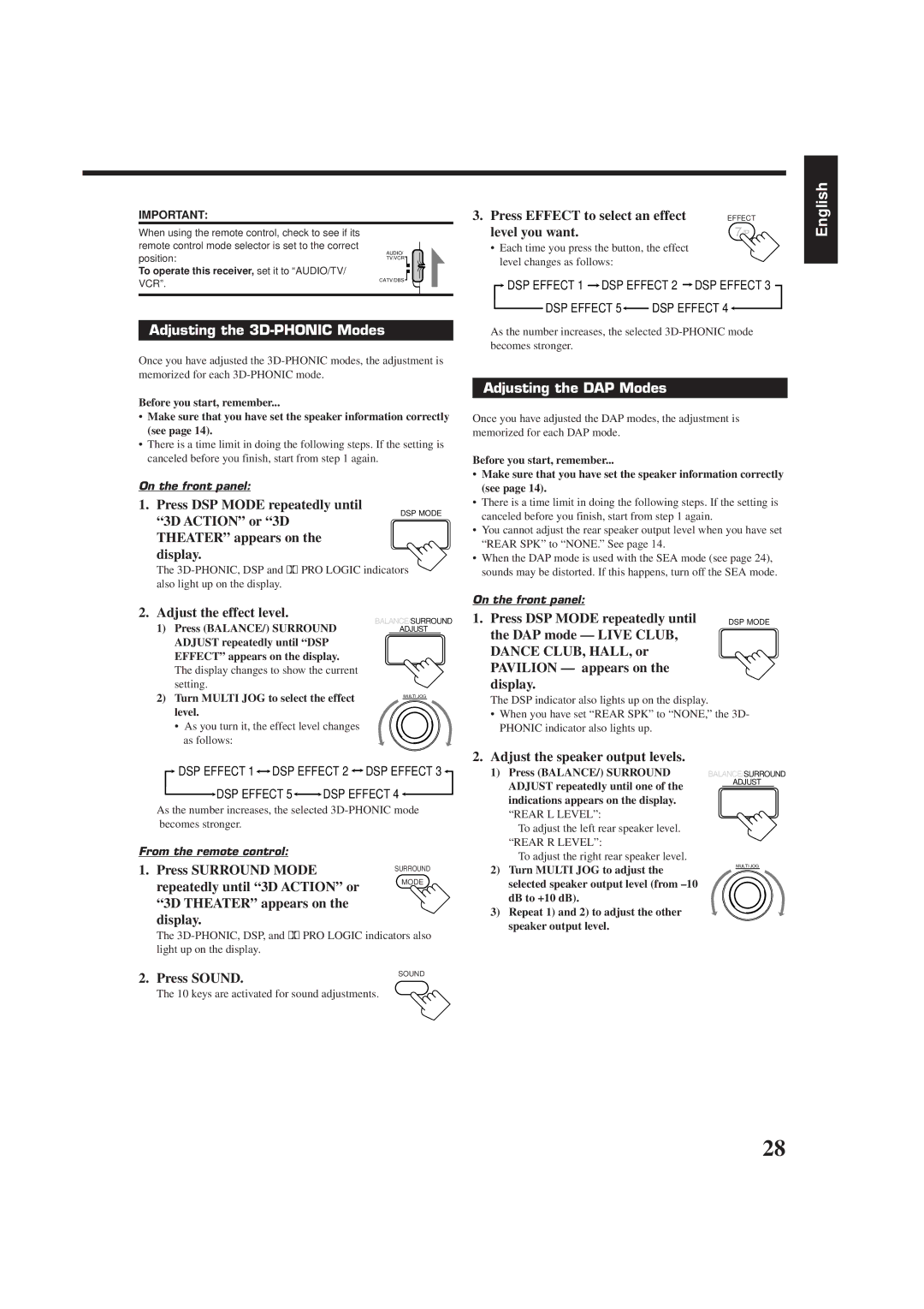 JVC RX-7000RBK manual Adjusting the 3D-PHONIC Modes, Adjusting the DAP Modes 