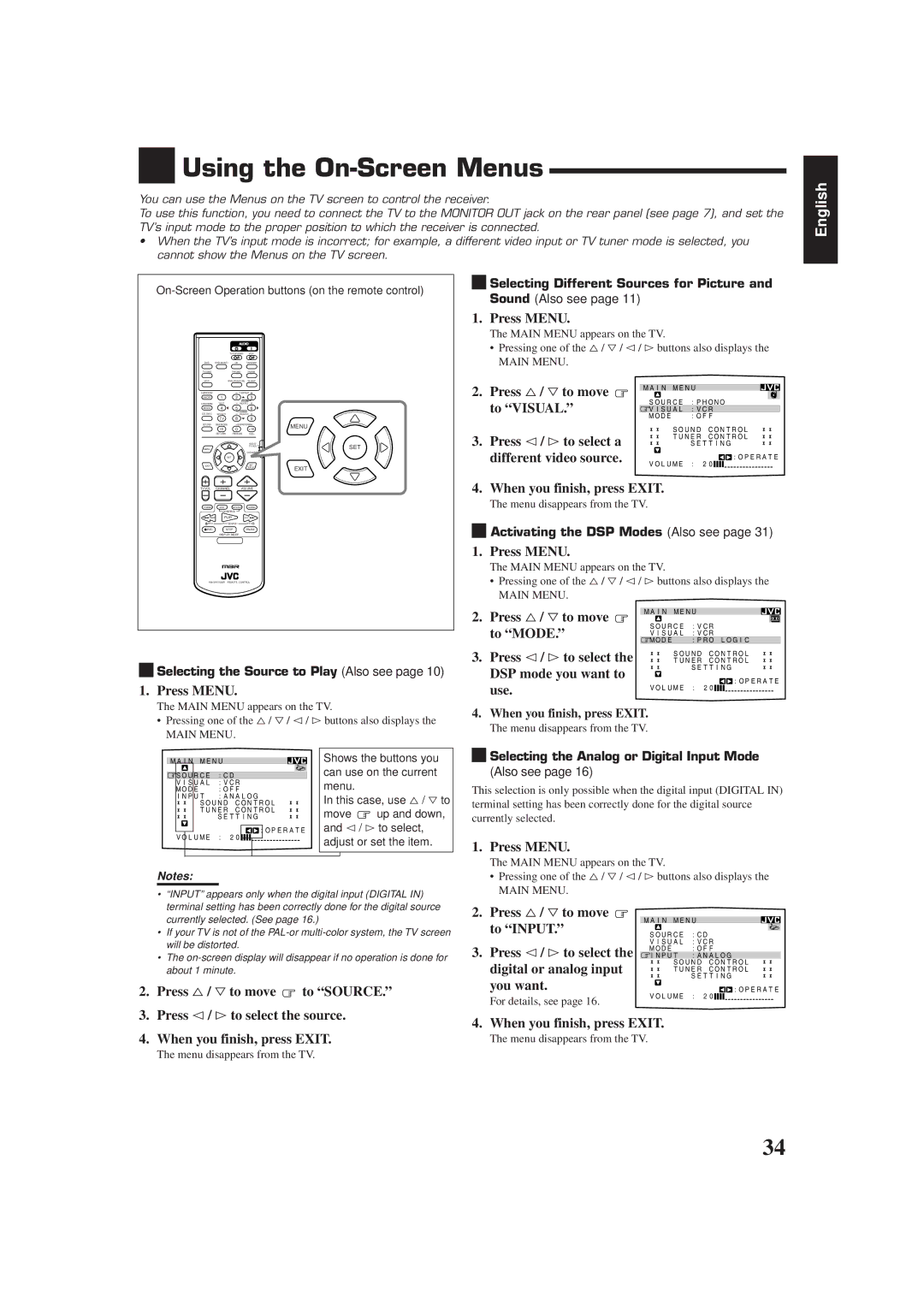 JVC RX-7000RBK manual Using the On-Screen Menus 