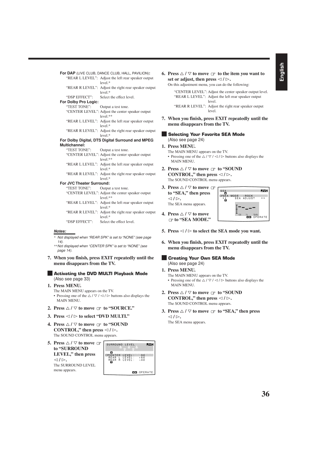 JVC RX-7000RBK manual To Surround LEVEL, then press, @/ #, Press %/ Þto move To SEA, then press, To SEA Mode 