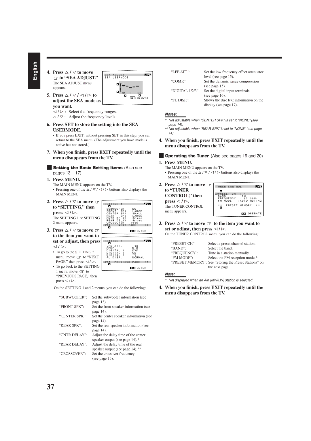 JVC RX-7000RBK Press %/ Þ/ @/ #to adjust the SEA mode as you want, Press SET to store the setting into the SEA Usermode 