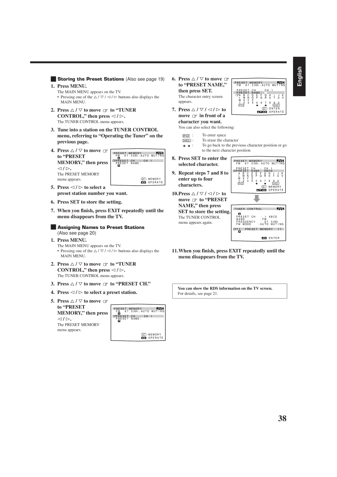 JVC RX-7000RBK manual Press %/ Þto move to Tuner CONTROL, then press @/ #, Press %/ Þto move to Preset Name Then press SET 