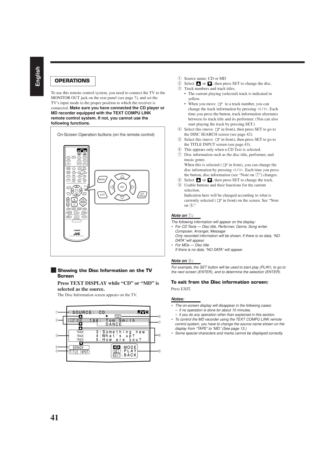 JVC RX-7000RBK Press Text Display while CD or MD is selected as the source, Showing the Disc Information on the TV Screen 