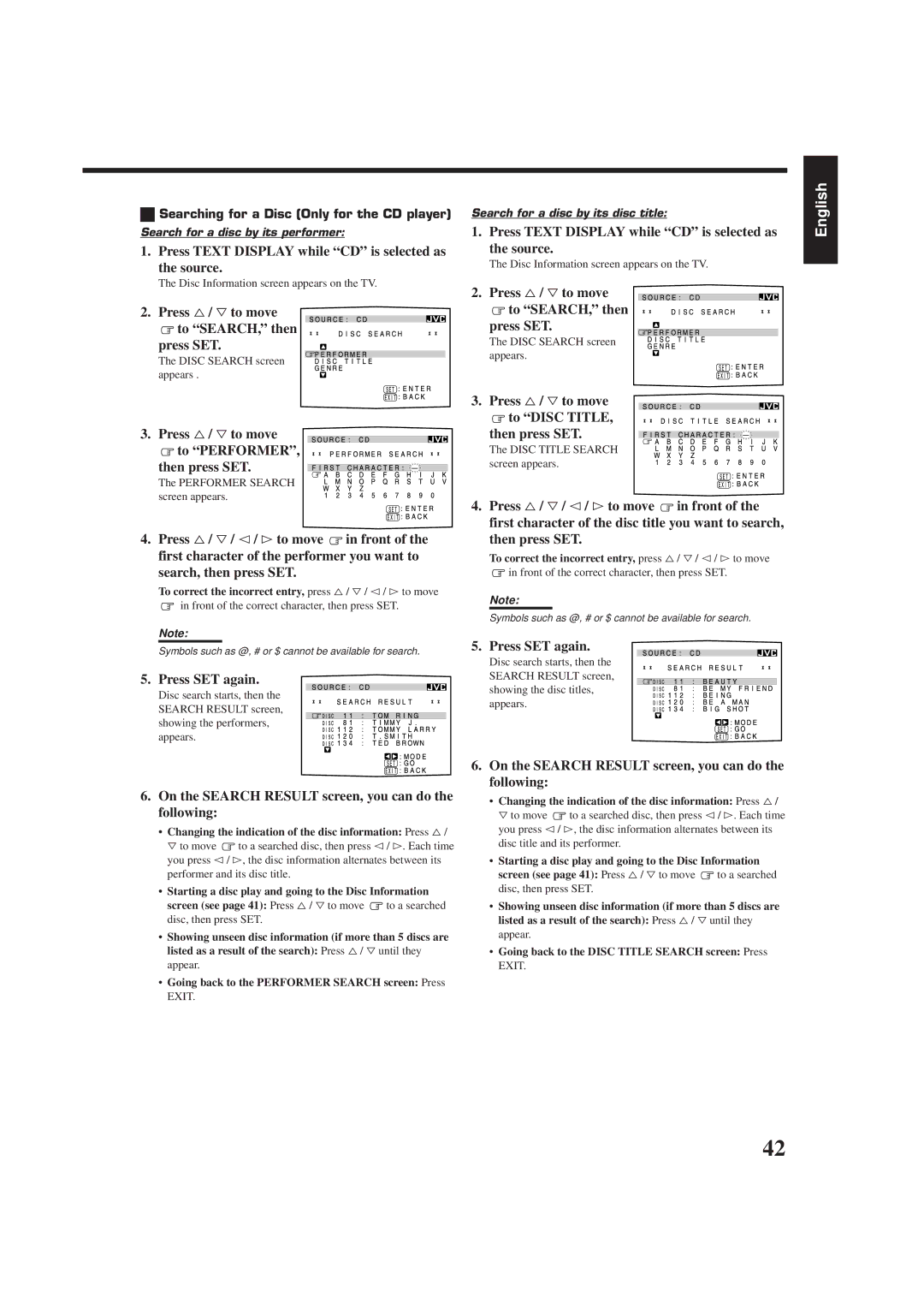 JVC RX-7000RBK manual Press Text Display while CD is selected as the source, Press %/ Þto move To SEARCH, then Press SET 