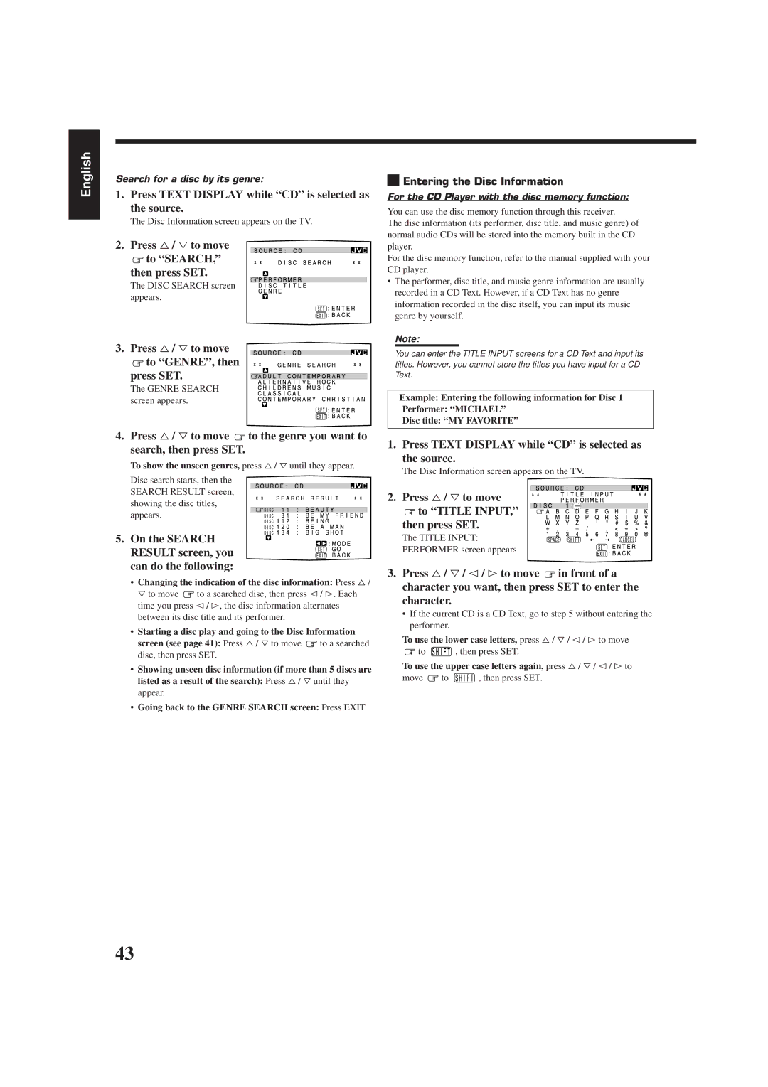 JVC RX-7000RBK manual Press %/ Þto move To Search Then press SET, Press %/ Þto move To GENRE, then Press SET 