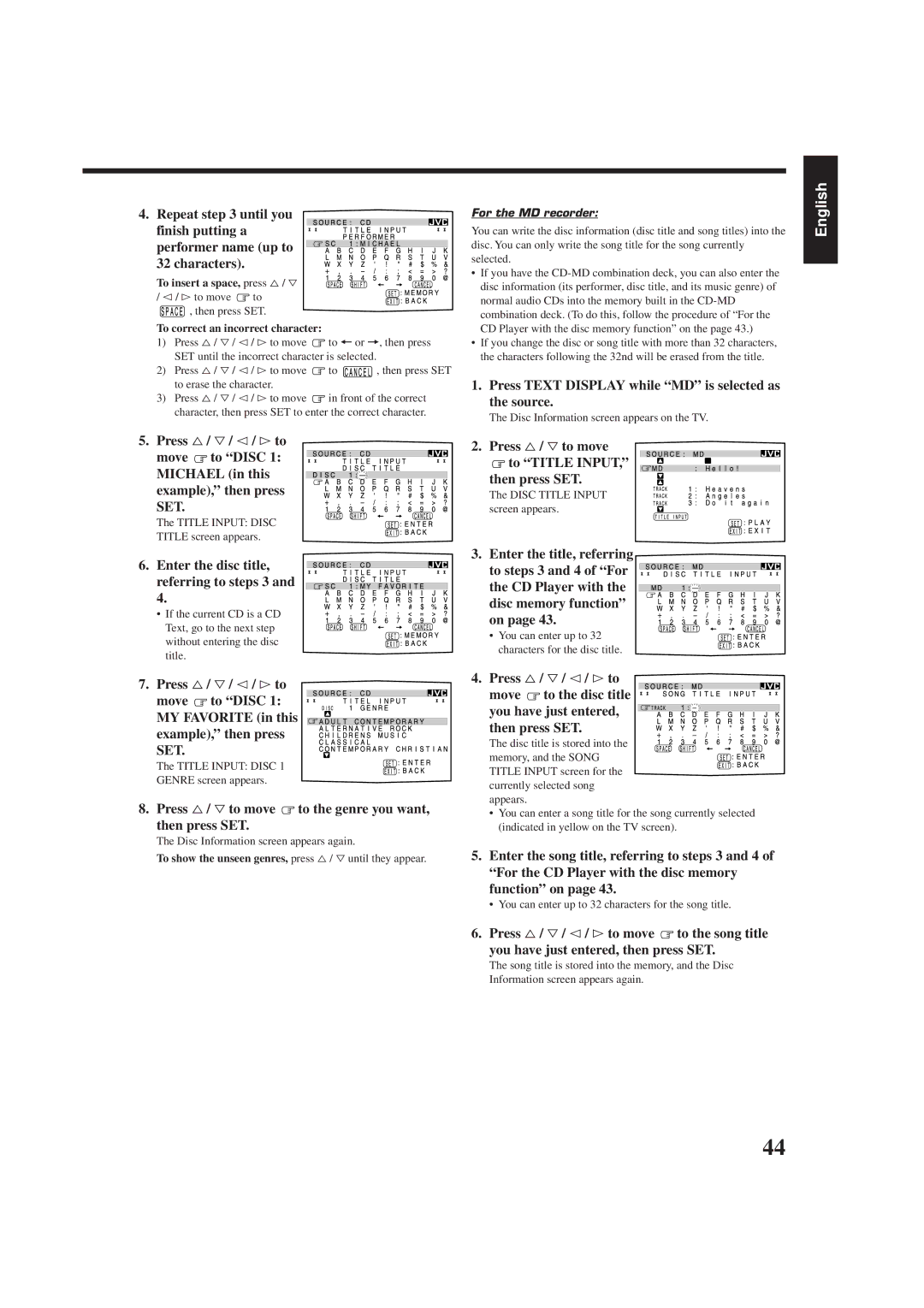 JVC RX-7000RBK manual Press Text Display while MD is selected as the source, Enter the disc title Referring to steps 3 