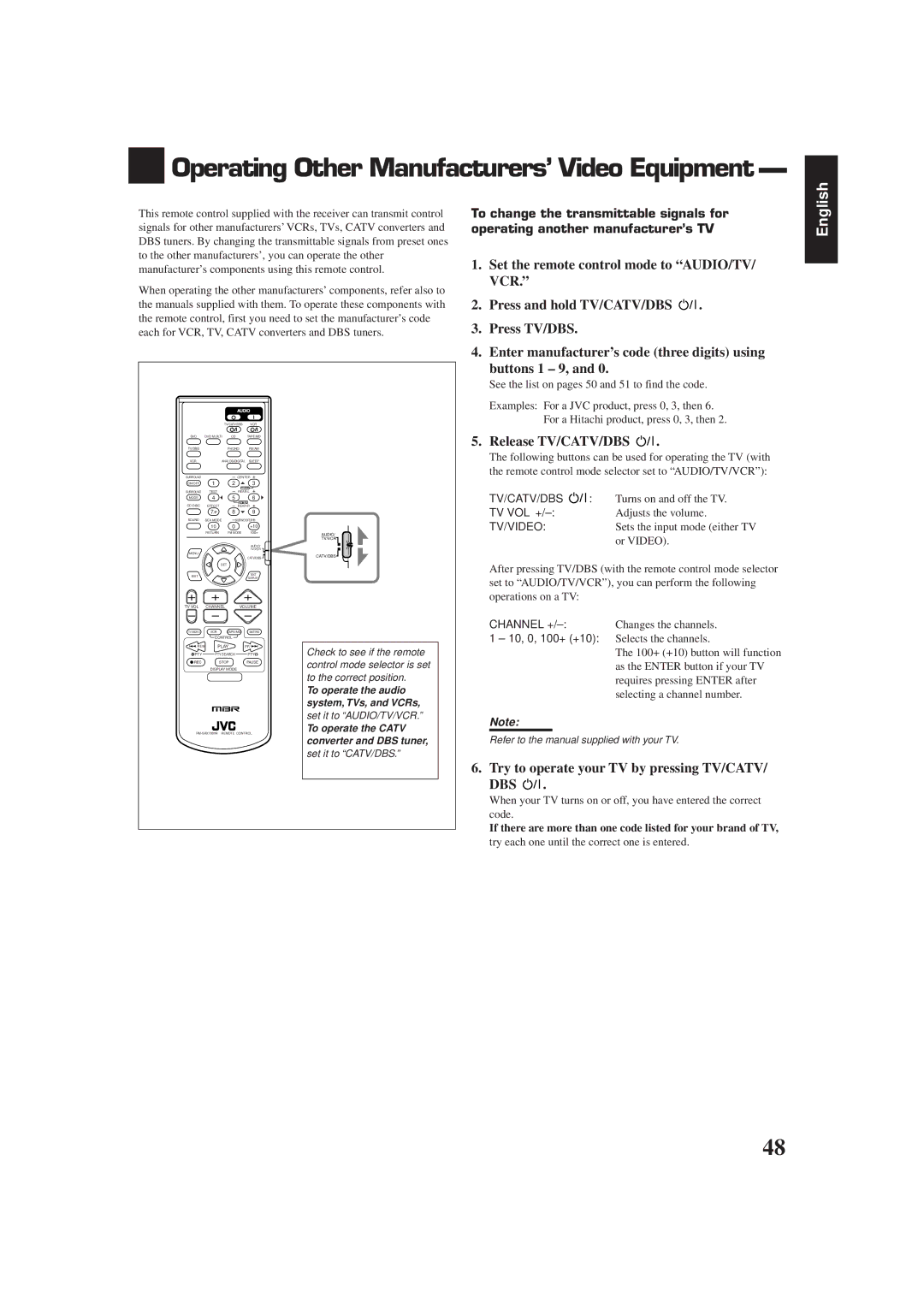 JVC RX-7000RBK manual Operating Other Manufacturers’ Video Equipment, Release TV/CATV/DBS 