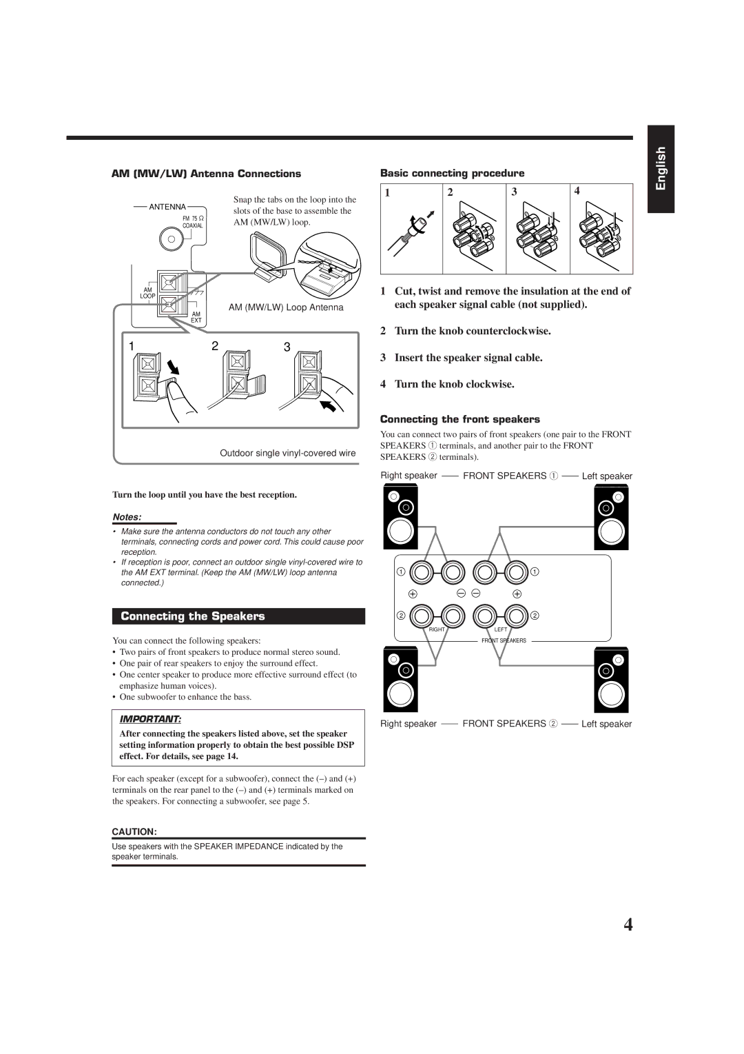 JVC RX-7000RBK manual Connecting the Speakers, AM MW/LW Antenna Connections, Basic connecting procedure 