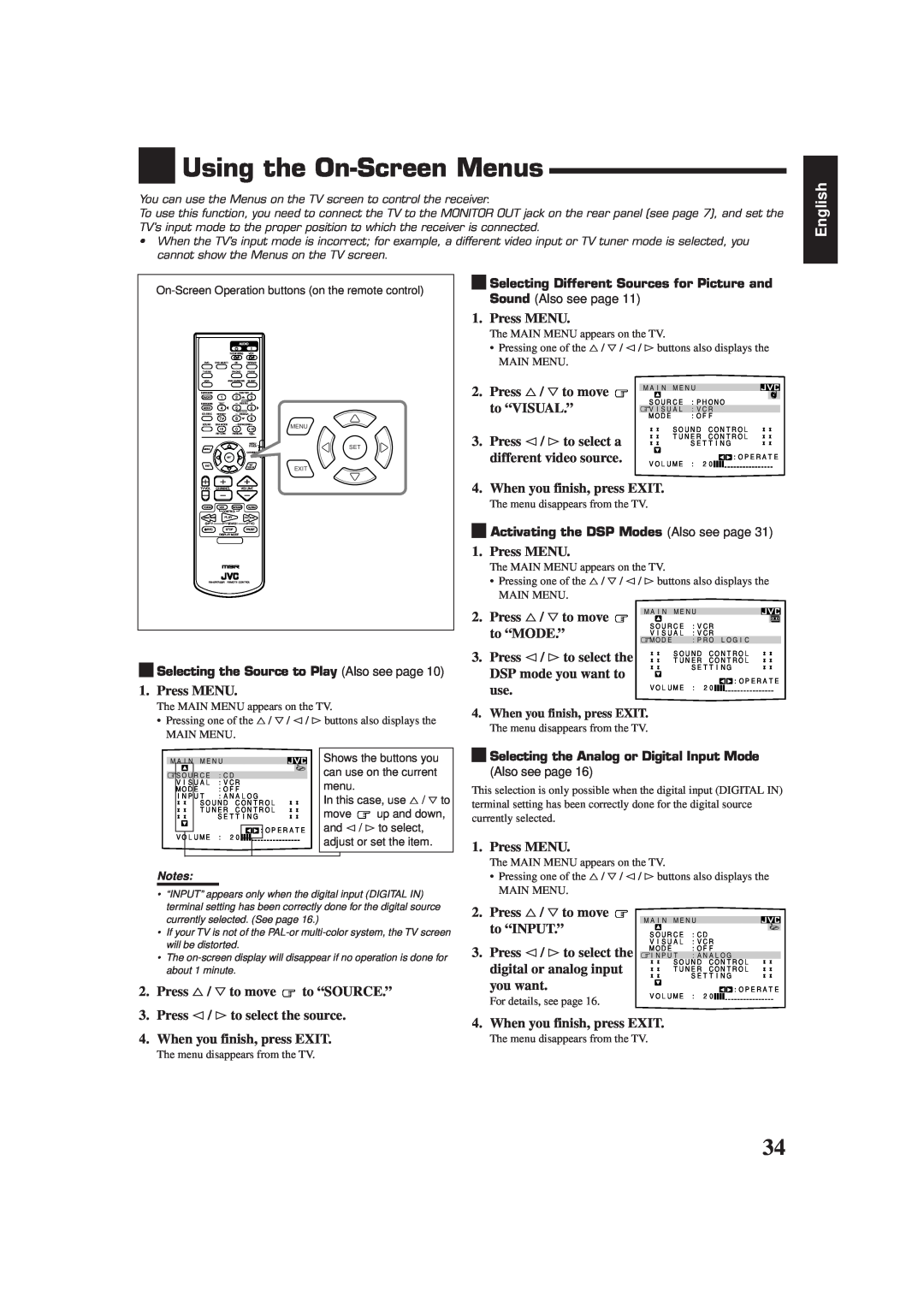 JVC RX-7000RBK manual Using the On-ScreenMenus, English 