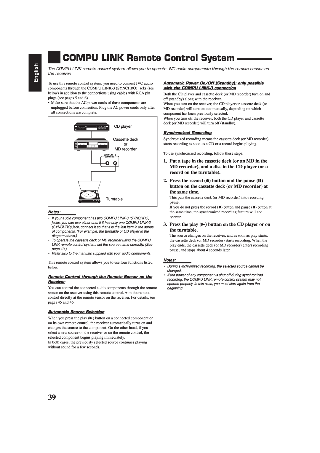 JVC RX-7000RBK manual COMPU LINK Remote Control System, English 