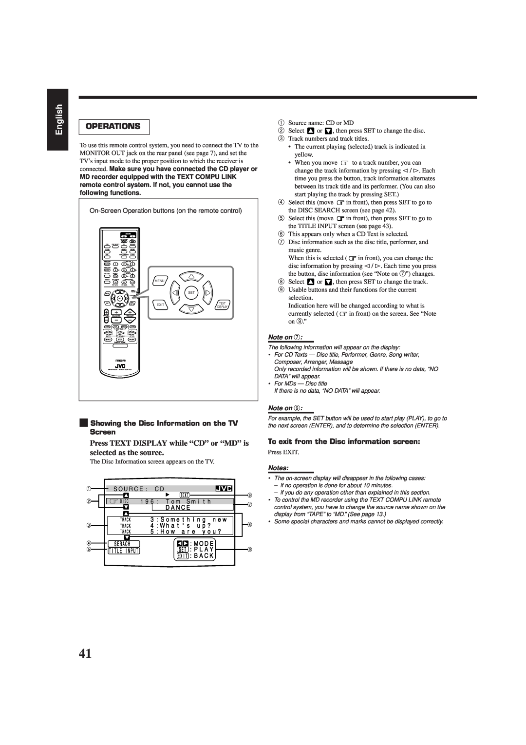 JVC RX-7000RBK manual Operations, English, Showing the Disc Information on the TV Screen 