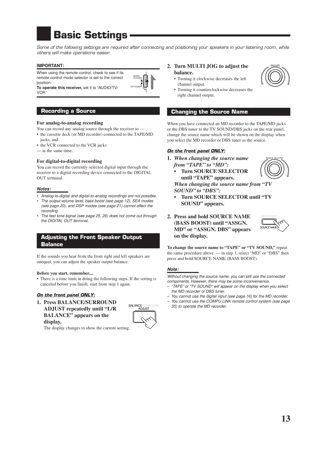 JVC RX-7000VBK Basic Settings, Recording a Source, Adjusting the Front Speaker Output Balance, Changing the Source Name 