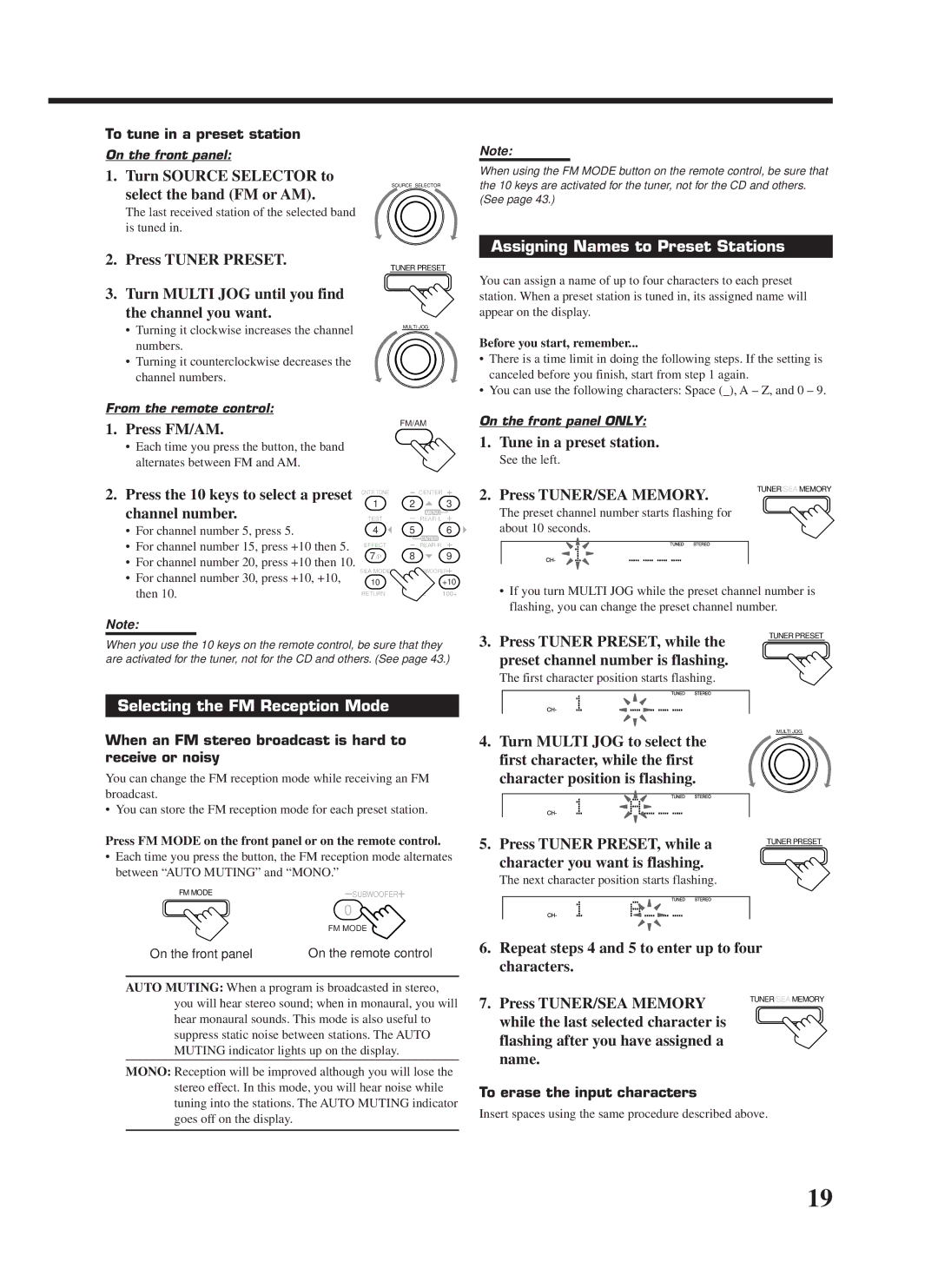 JVC RX-7000VBK manual Assigning Names to Preset Stations, Selecting the FM Reception Mode 