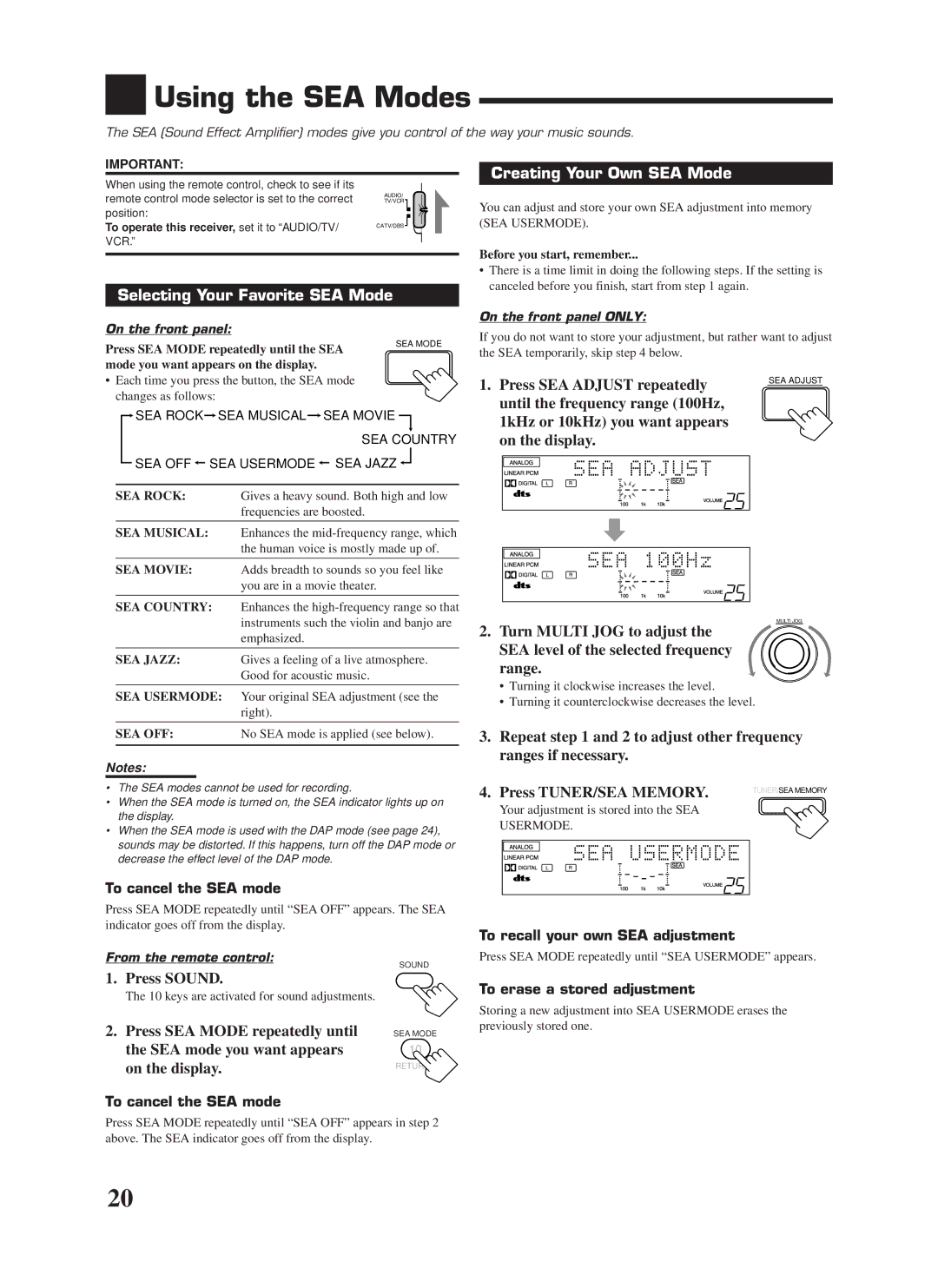 JVC RX-7000VBK manual Using the SEA Modes, Creating Your Own SEA Mode, Selecting Your Favorite SEA Mode 