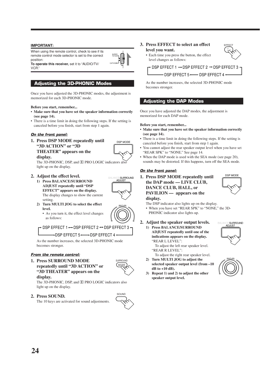 JVC RX-7000VBK manual Adjusting the 3D-PHONIC Modes, Adjusting the DAP Modes 