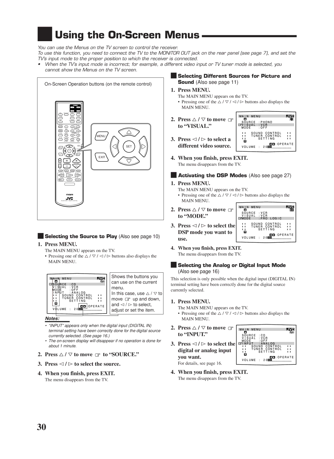 JVC RX-7000VBK manual Using the On-Screen Menus, Press Menu, Press %/ Þto move to Visual, When you finish, press Exit 