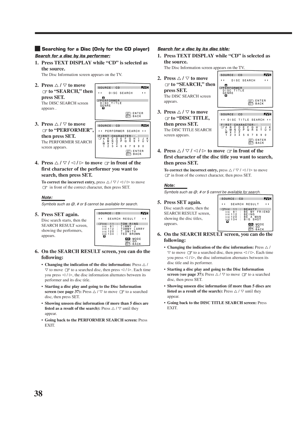 JVC RX-7000VBK manual Press Text Display while CD is selected as the source, Press %/ Þto move To SEARCH, then Press SET 