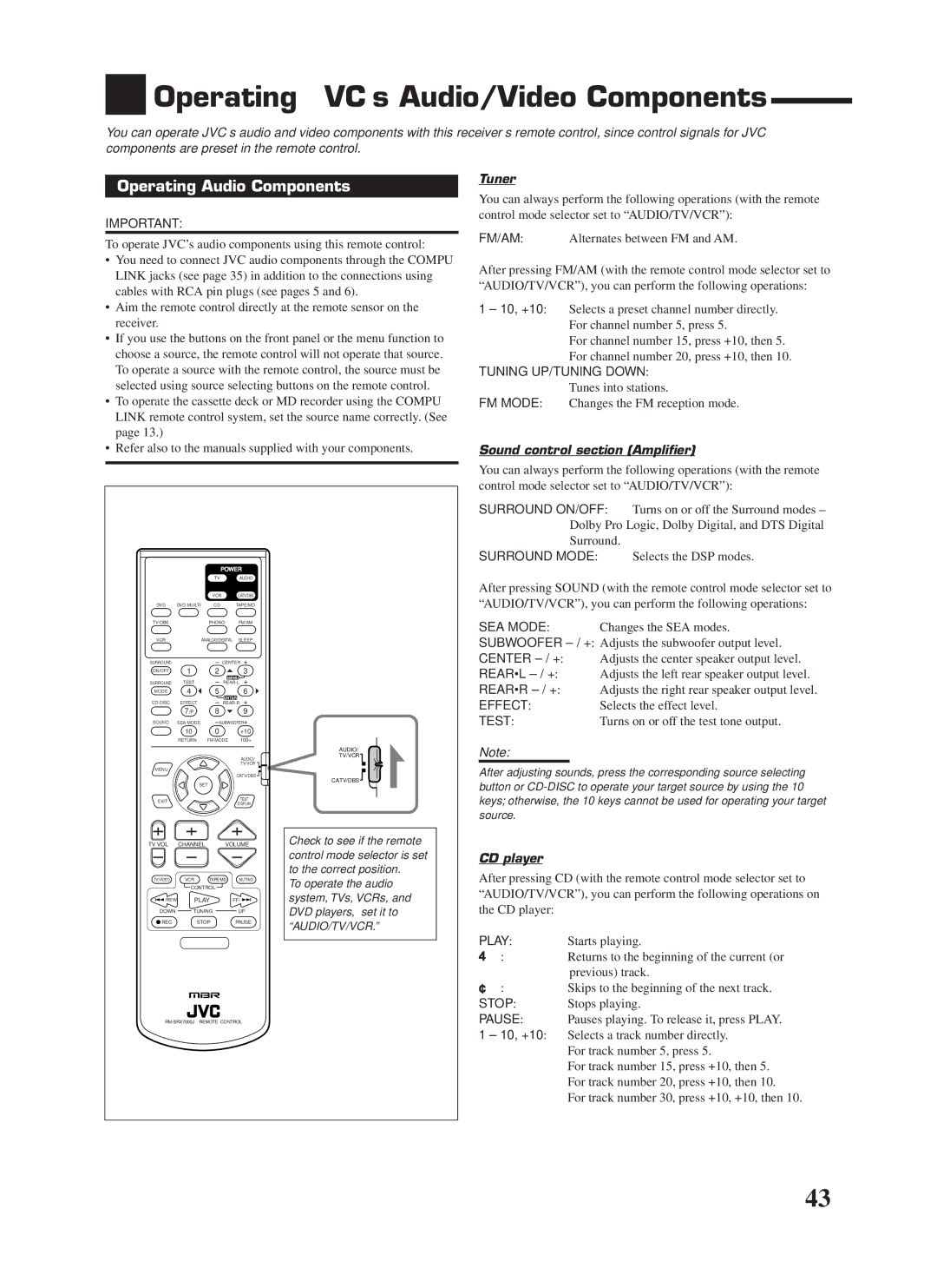 JVC RX-7000VBK Operating JVC’s Audio/Video Components, Operating Audio Components, Tuner, Sound control section Amplifier 