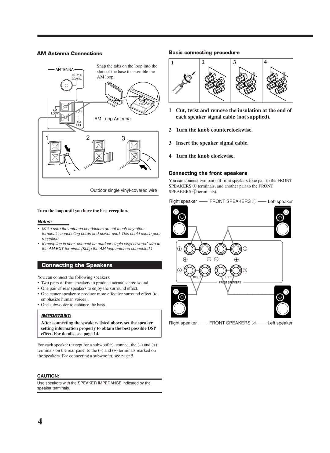 JVC RX-7000VBK Connecting the Speakers, AM Antenna Connections, Basic connecting procedure, Connecting the front speakers 