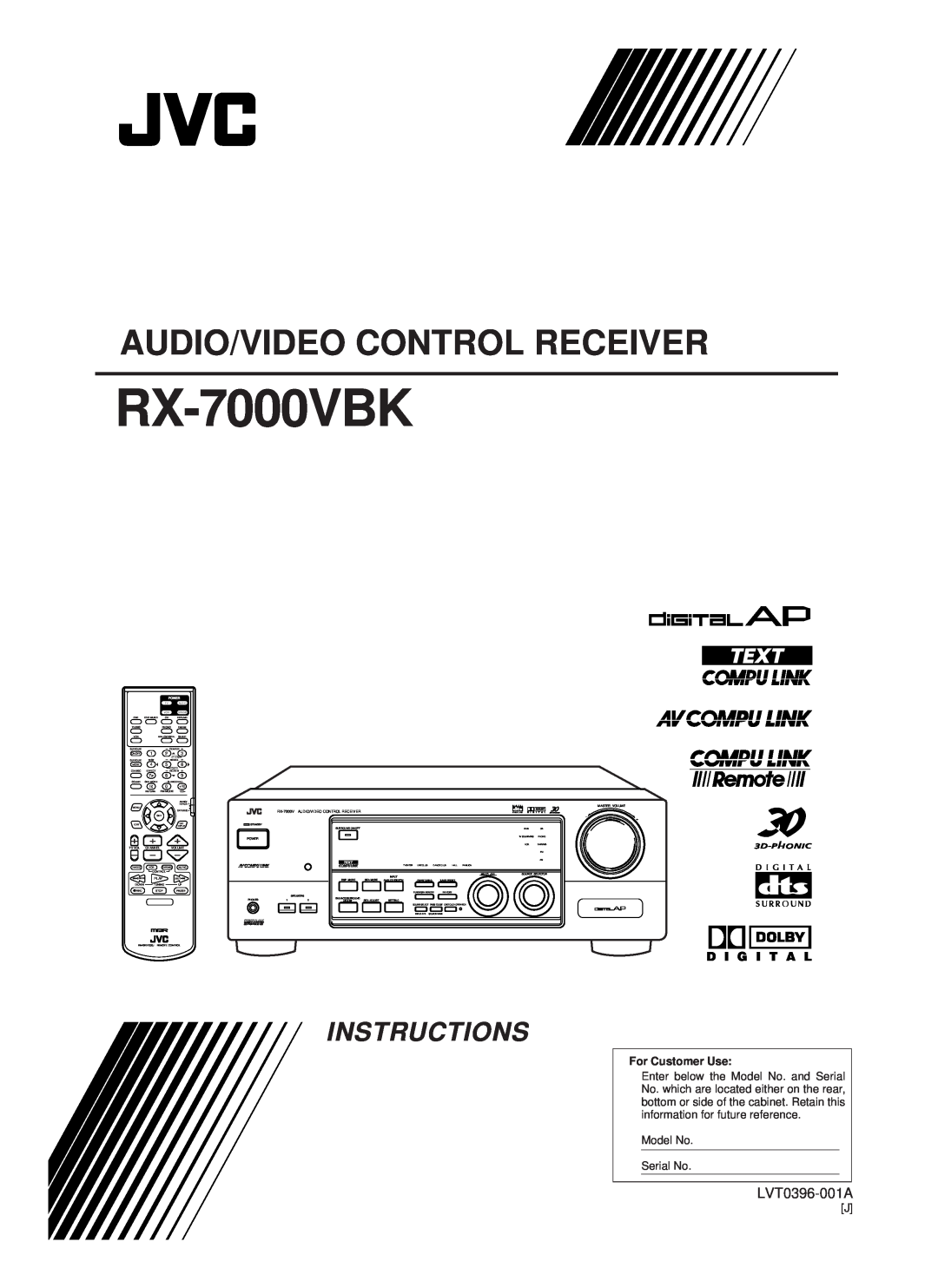 JVC RX-7000VBK manual Audio/Video Control Receiver, Instructions, LVT0396-001A, D I G I T A L, For Customer Use 