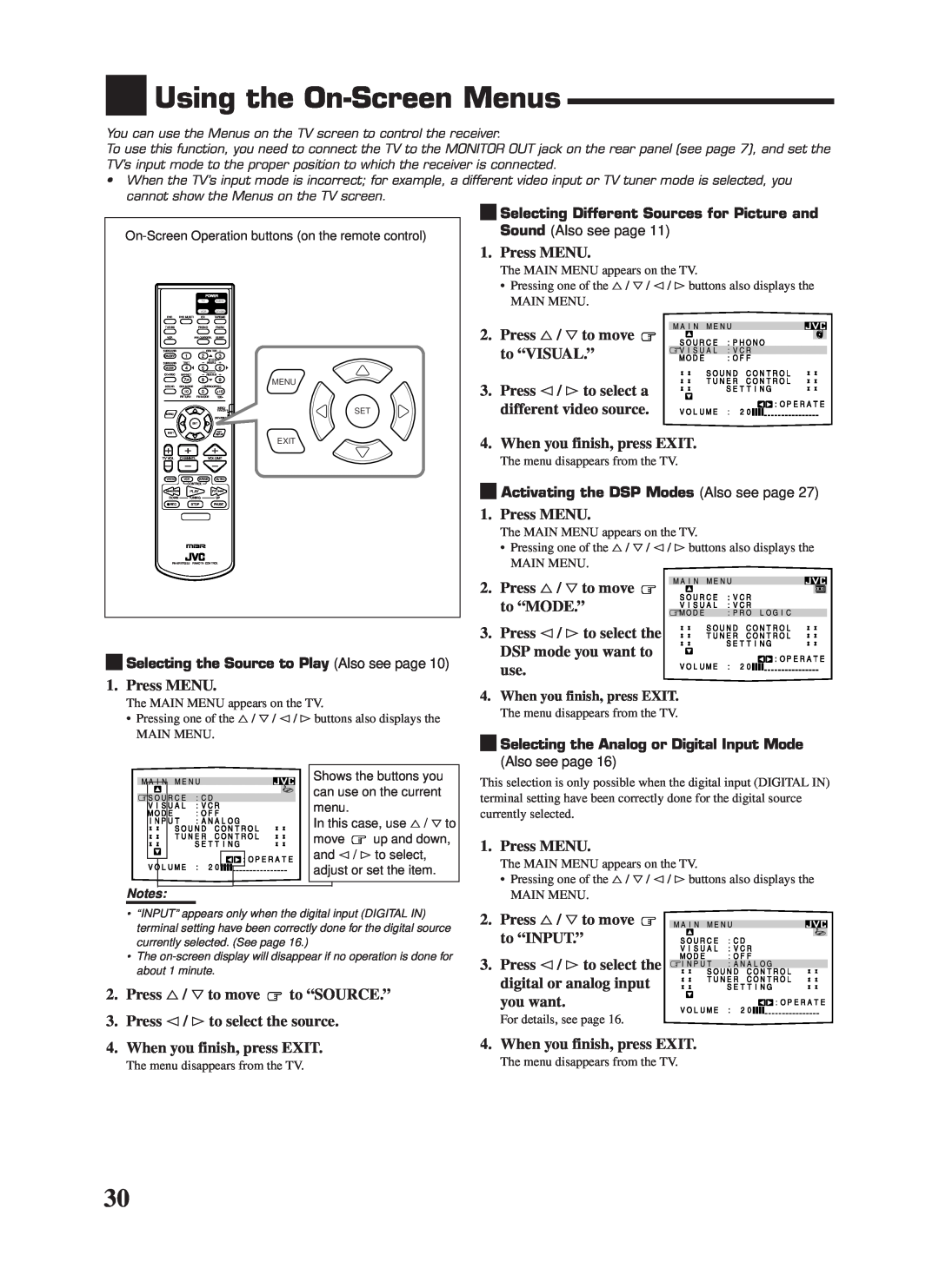 JVC RX-7000VBK manual Using the On-ScreenMenus 