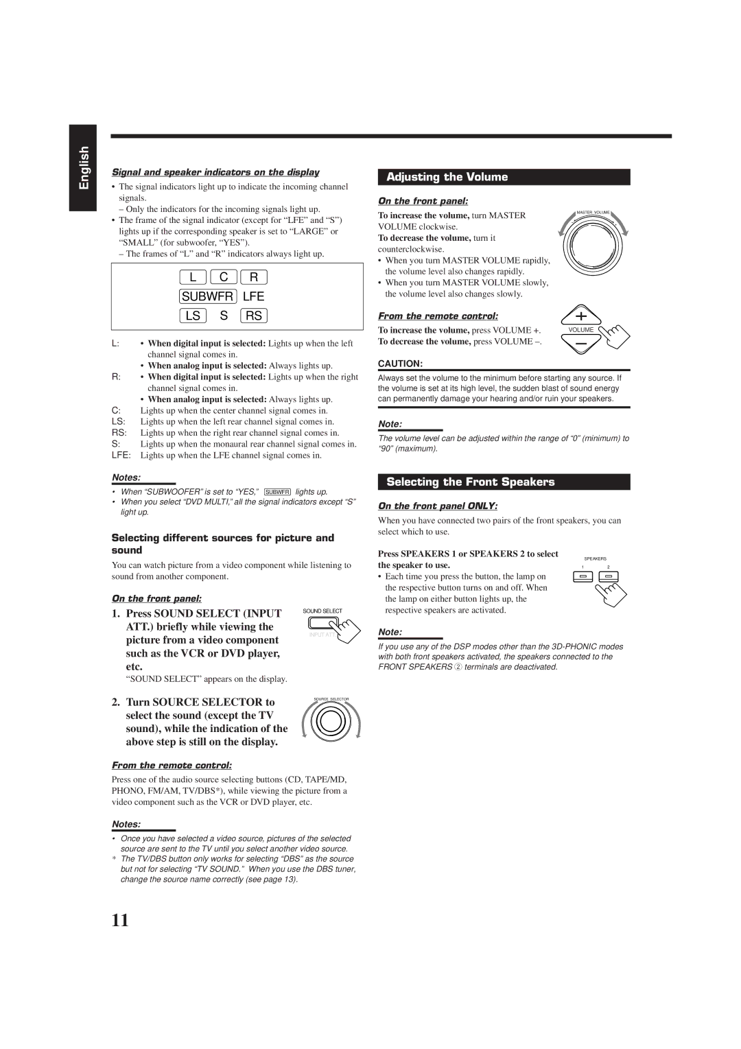 JVC RX-7001PGD manual Adjusting the Volume, Selecting the Front Speakers, Etc, Turn Source Selector to 