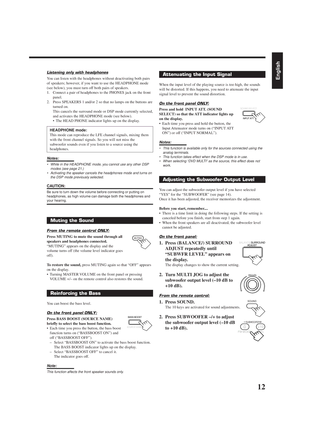 JVC RX-7001PGD Attenuating the Input Signal, Muting the Sound, Reinforcing the Bass, Adjusting the Subwoofer Output Level 