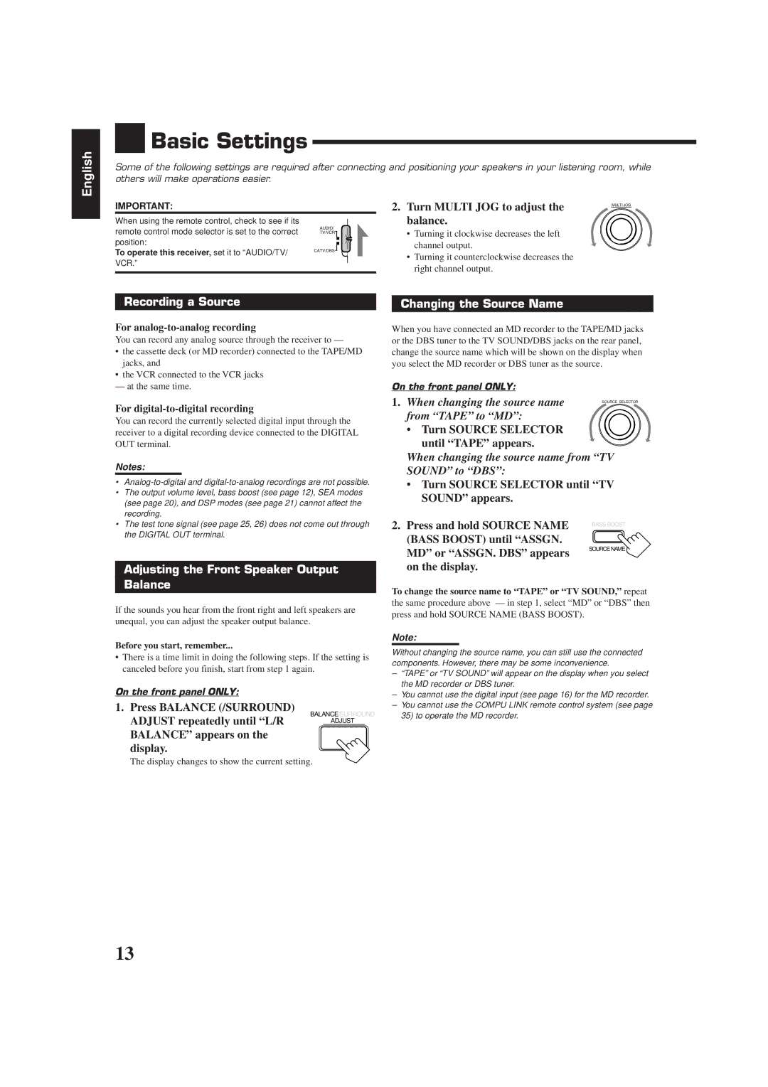 JVC RX-7001PGD Basic Settings, Recording a Source, Adjusting the Front Speaker Output Balance, Changing the Source Name 