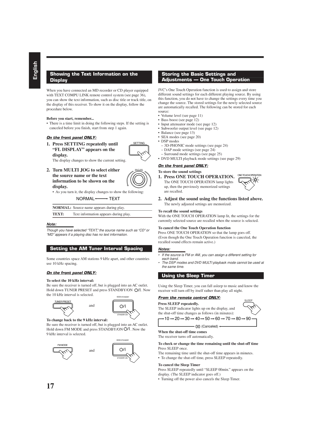 JVC RX-7001PGD manual Showing the Text Information on Display, Setting the AM Tuner Interval Spacing, Using the Sleep Timer 