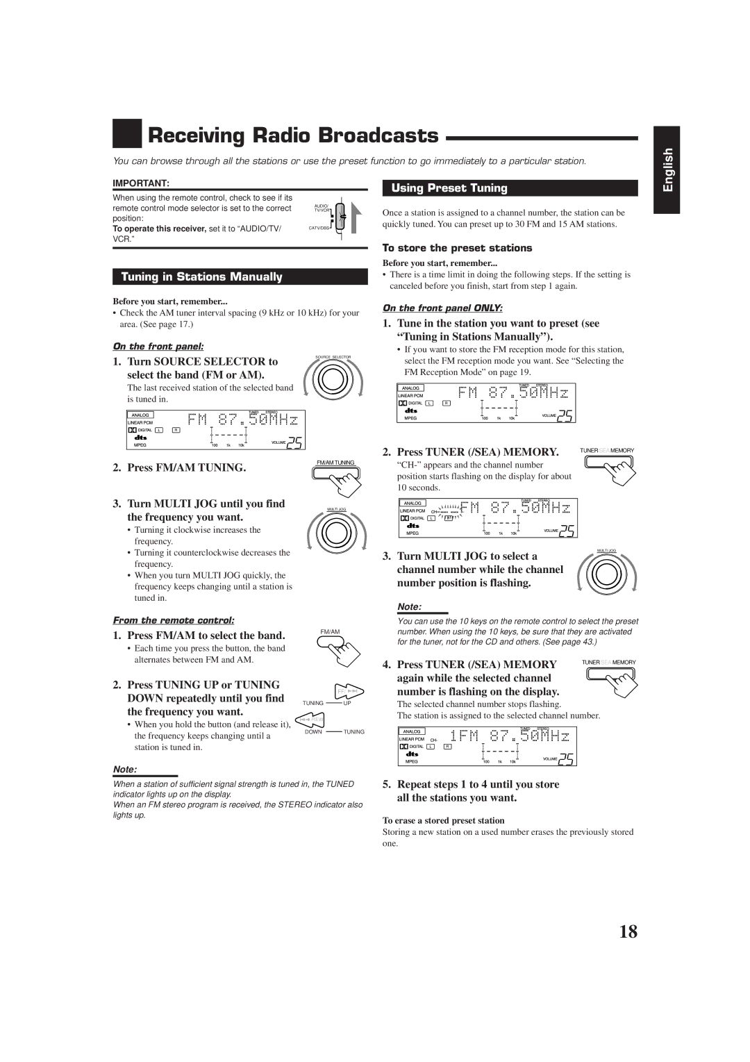 JVC RX-7001PGD manual Receiving Radio Broadcasts, Tuning in Stations Manually, Using Preset Tuning 