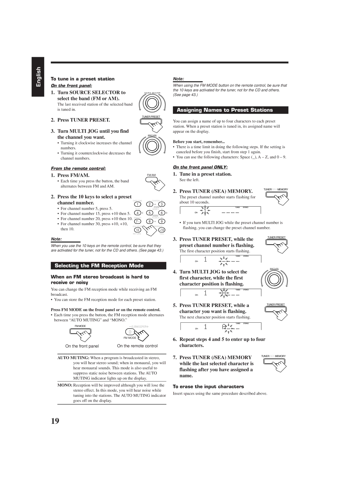 JVC RX-7001PGD manual Assigning Names to Preset Stations, Selecting the FM Reception Mode 