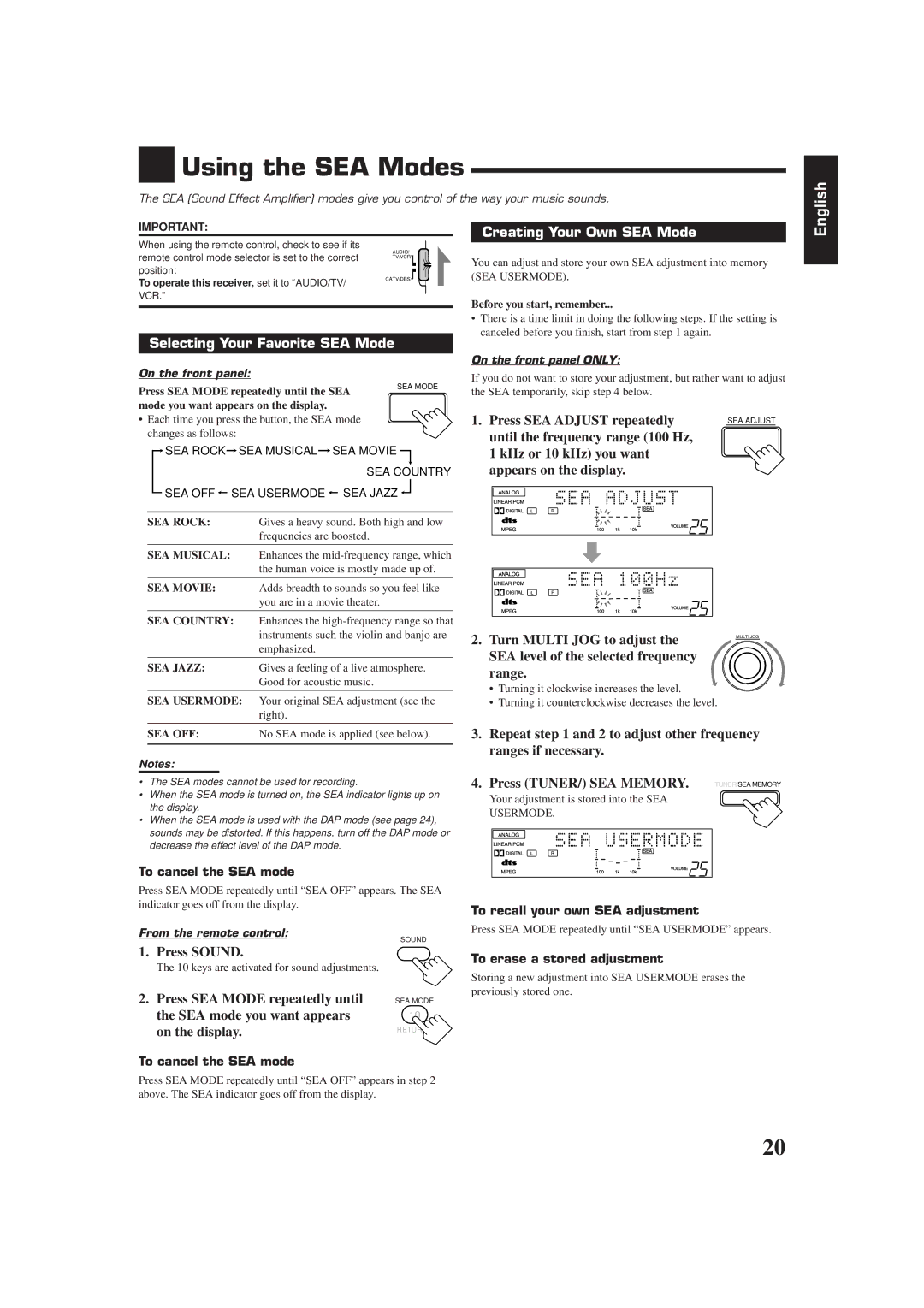 JVC RX-7001PGD manual Using the SEA Modes, Selecting Your Favorite SEA Mode Creating Your Own SEA Mode 