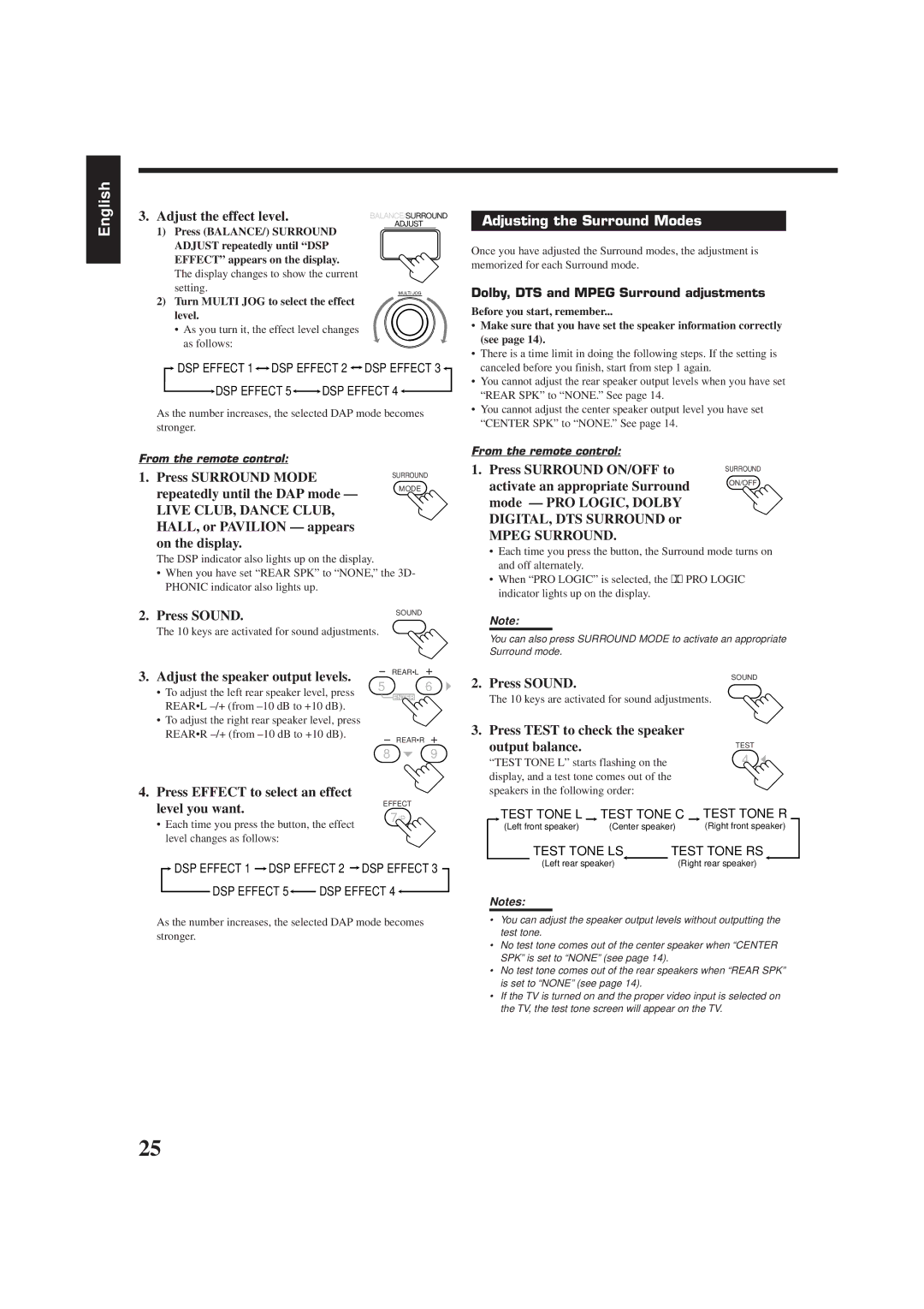 JVC RX-7001PGD manual Adjusting the Surround Modes 