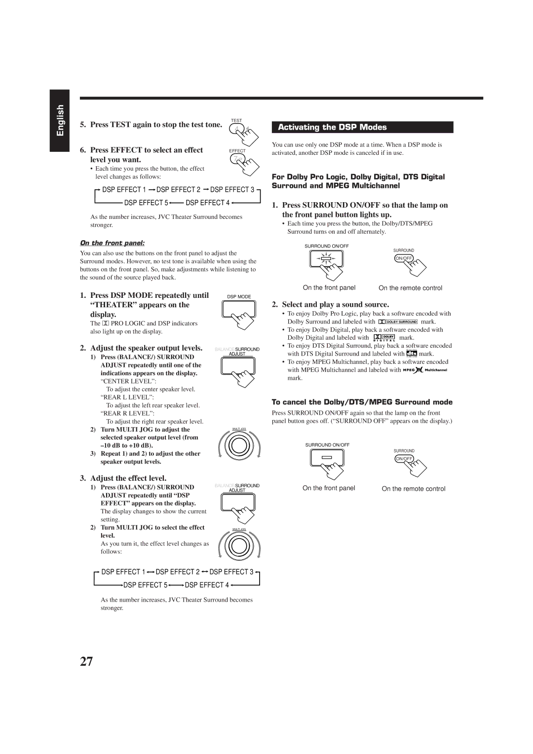 JVC RX-7001PGD manual Activating the DSP Modes, Select and play a sound source, To cancel the Dolby/DTS/MPEG Surround mode 