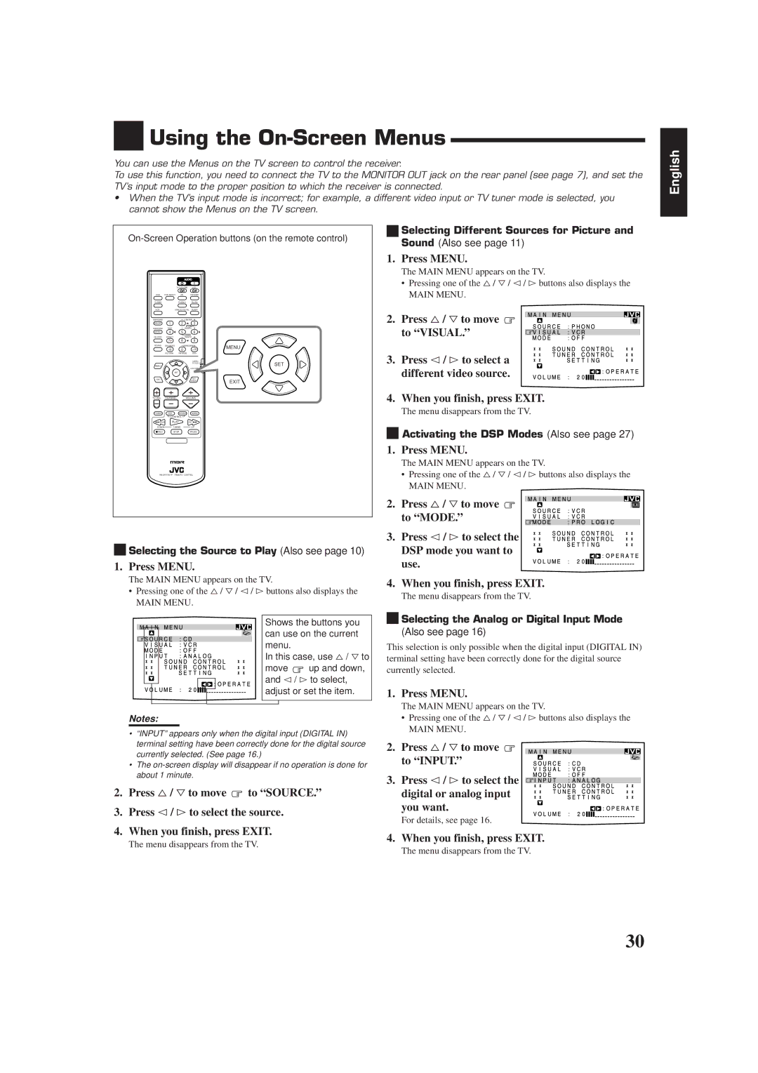 JVC RX-7001PGD manual Using the On-Screen Menus, Press Menu, Press %/ Þto move to Visual, When you finish, press Exit 