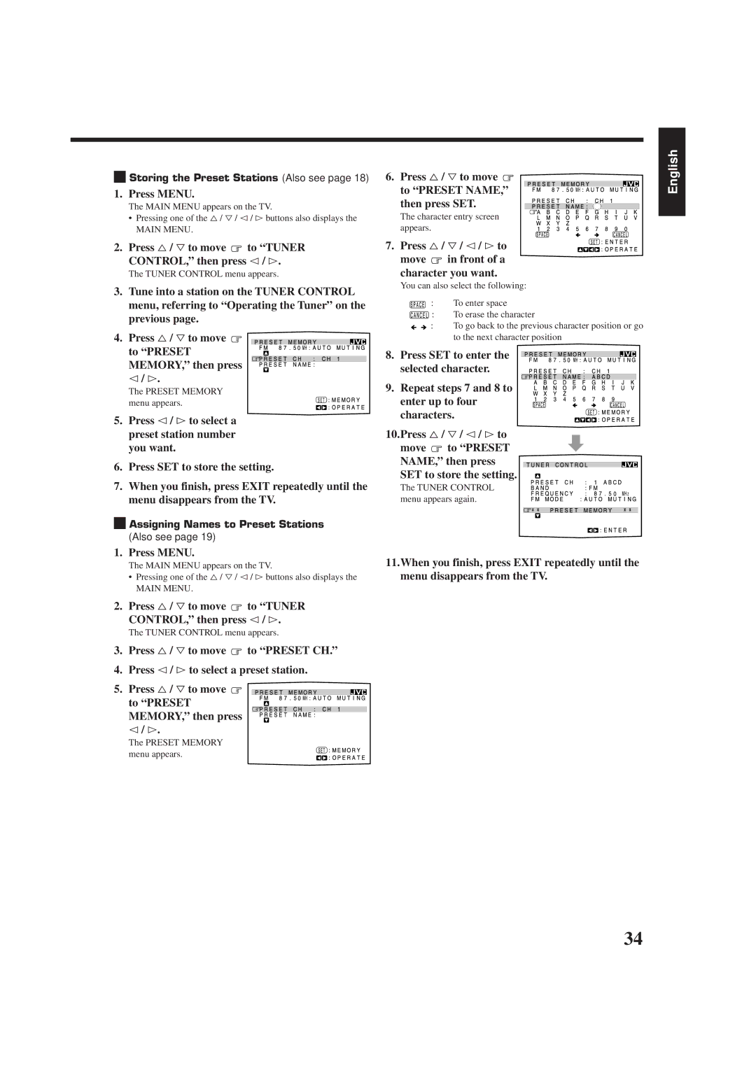 JVC RX-7001PGD manual Press %/ Þ / @/ #to Move in front of a character you want, Storing the Preset Stations Also see 