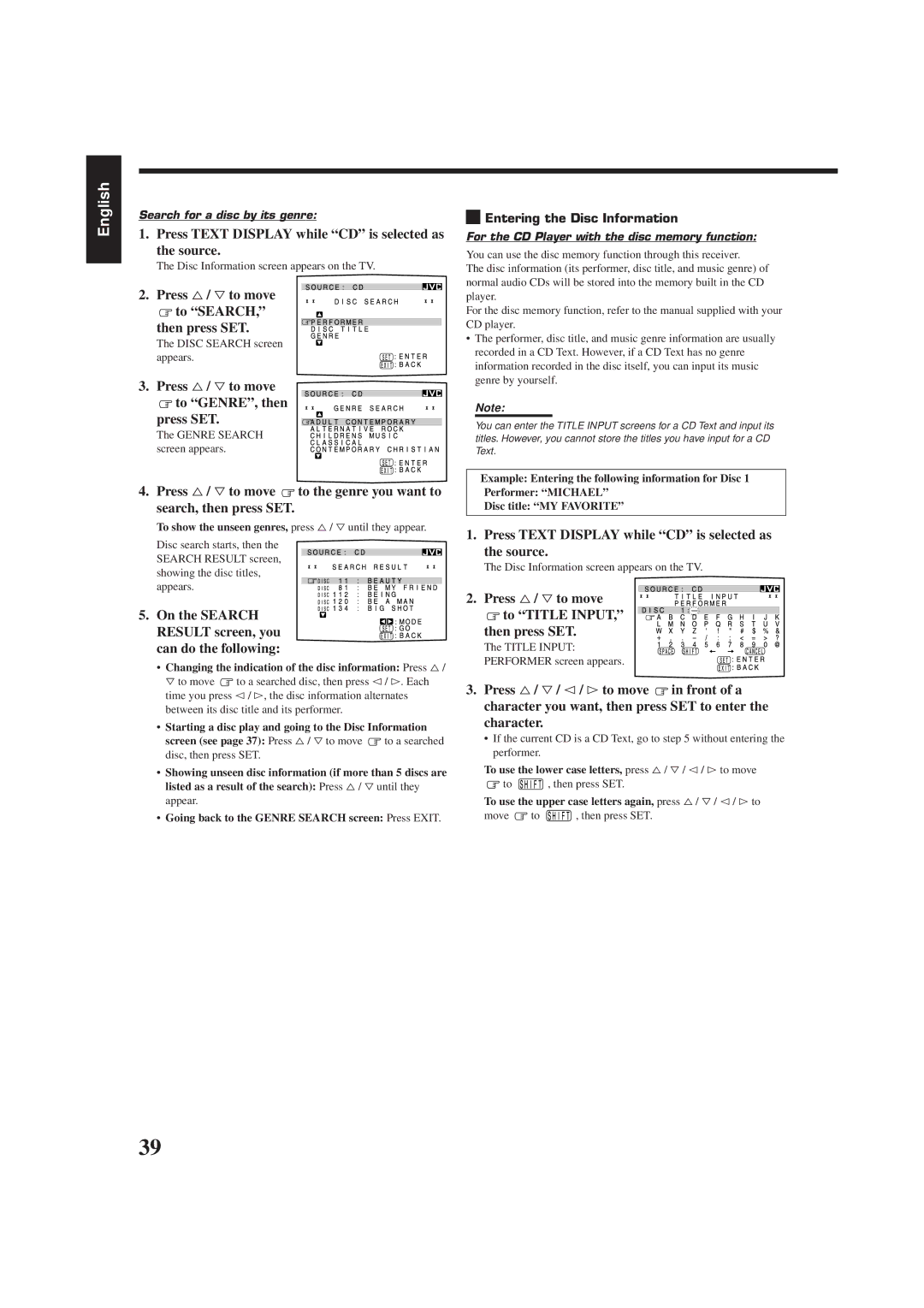 JVC RX-7001PGD manual Press %/ Þto move to Search Then press SET, Press %/ Þto move To GENRE, then Press SET 